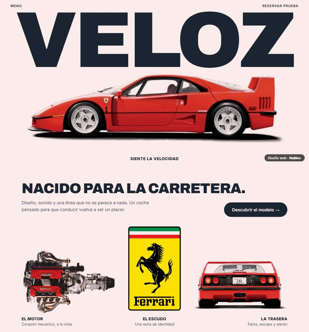 Veloz, marca de coches: portada con un deportivo rojo