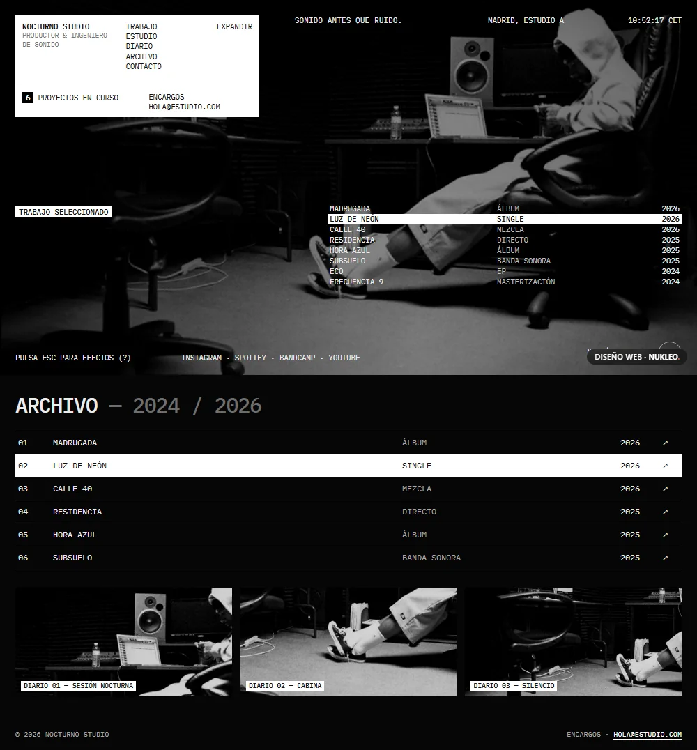 Nocturno Studio, portfolio de un productor musical: portada en blanco y negro