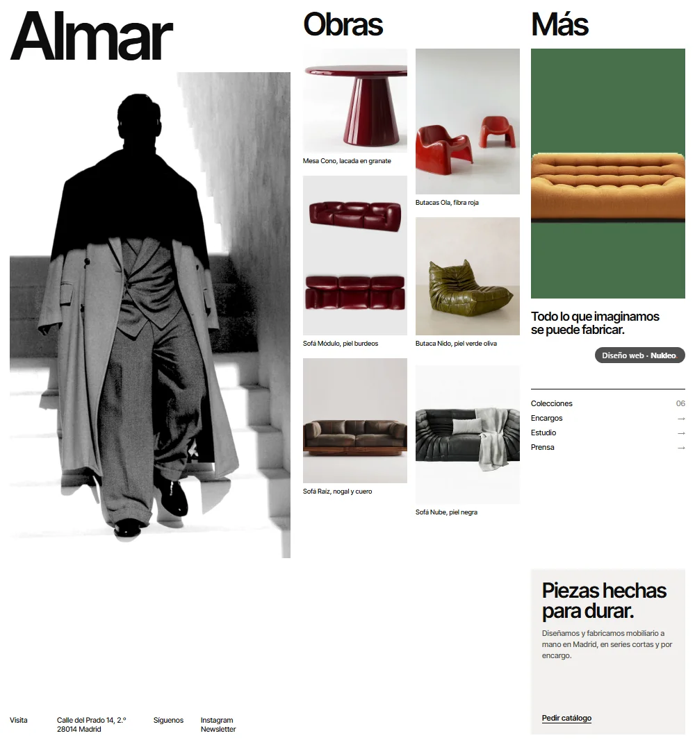 Almar, estudio de mobiliario: portada con la marca, una foto en blanco y negro y sus obras