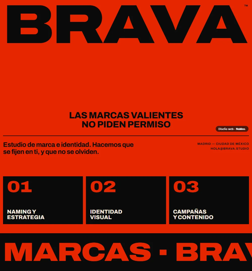Brava, estudio de marca: portada roja con la marca en negro enorme