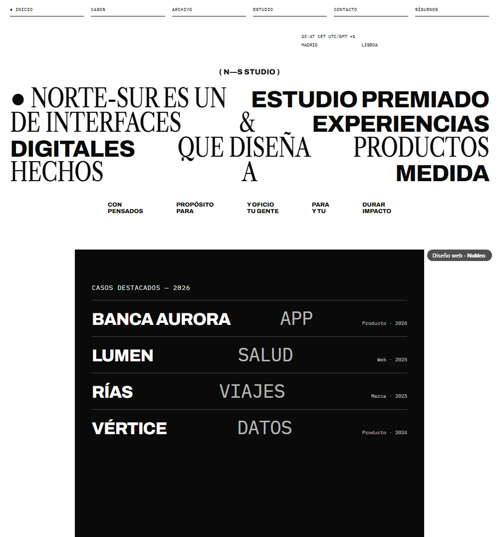 Norte-Sur, estudio de producto digital: titular tipográfico en serif estrecha y grotesca negra