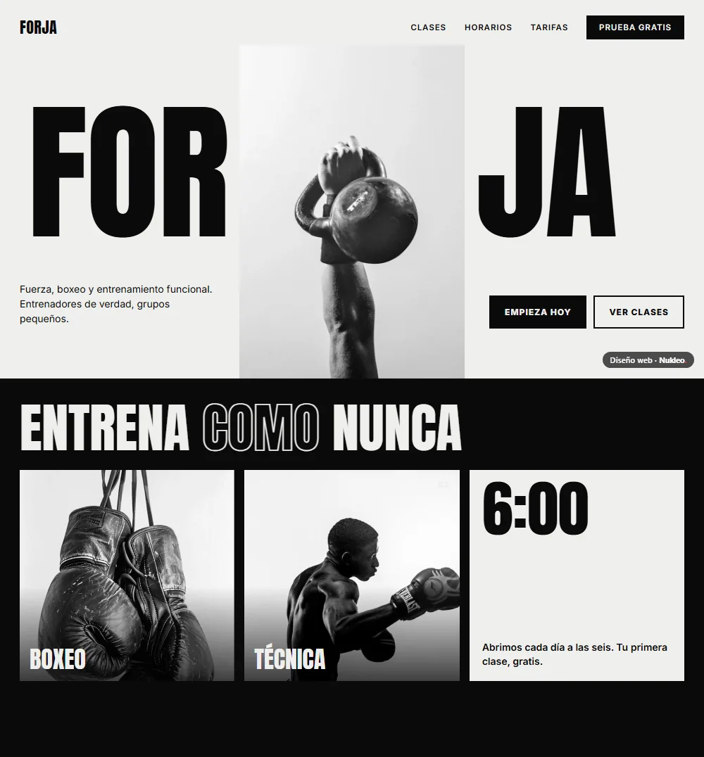 Forja, gimnasio: la marca partida a los lados de una foto de una pesa rusa
