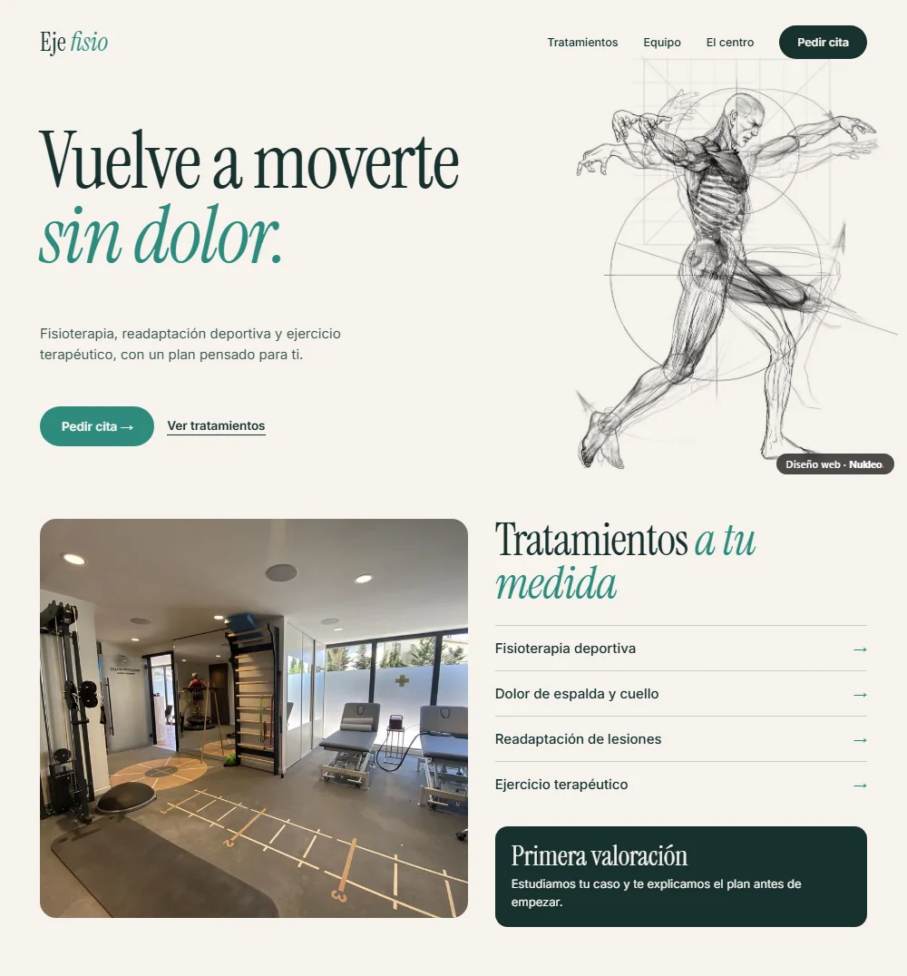 Eje fisio, centro de fisioterapia: «Vuelve a moverte sin dolor» y un dibujo anatómico
