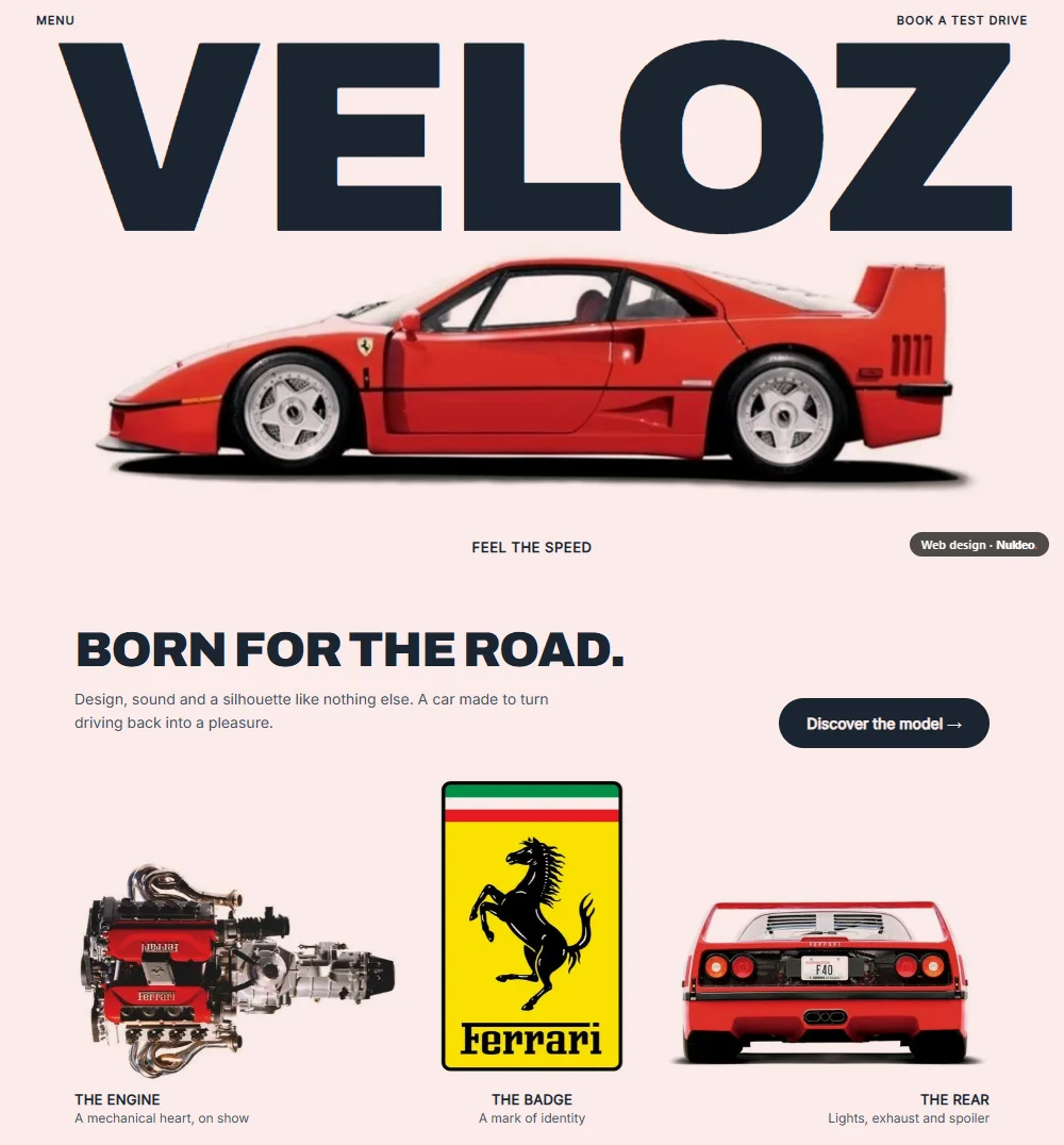 Veloz, car brand: homepage with a red sports car