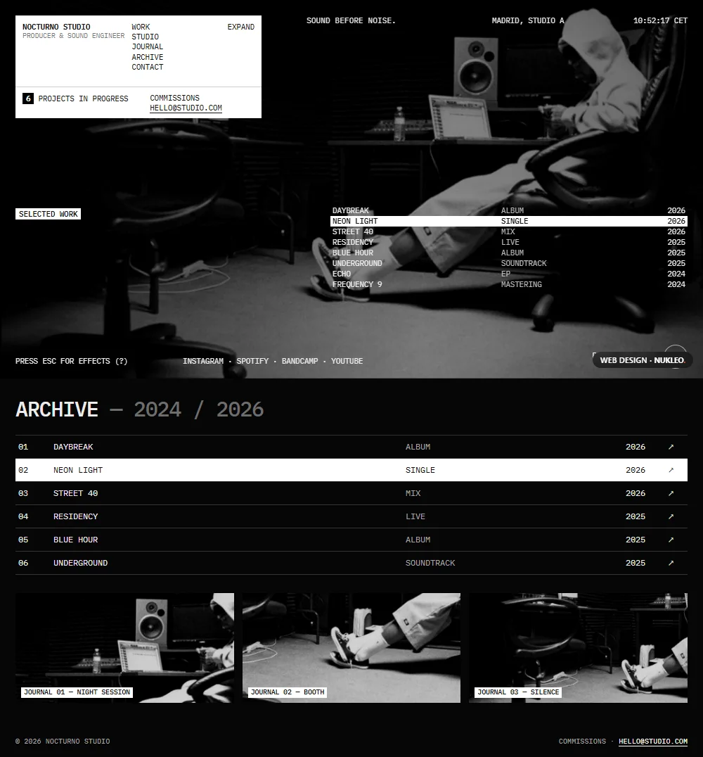 Nocturno Studio, a music producer’s portfolio: black-and-white homepage