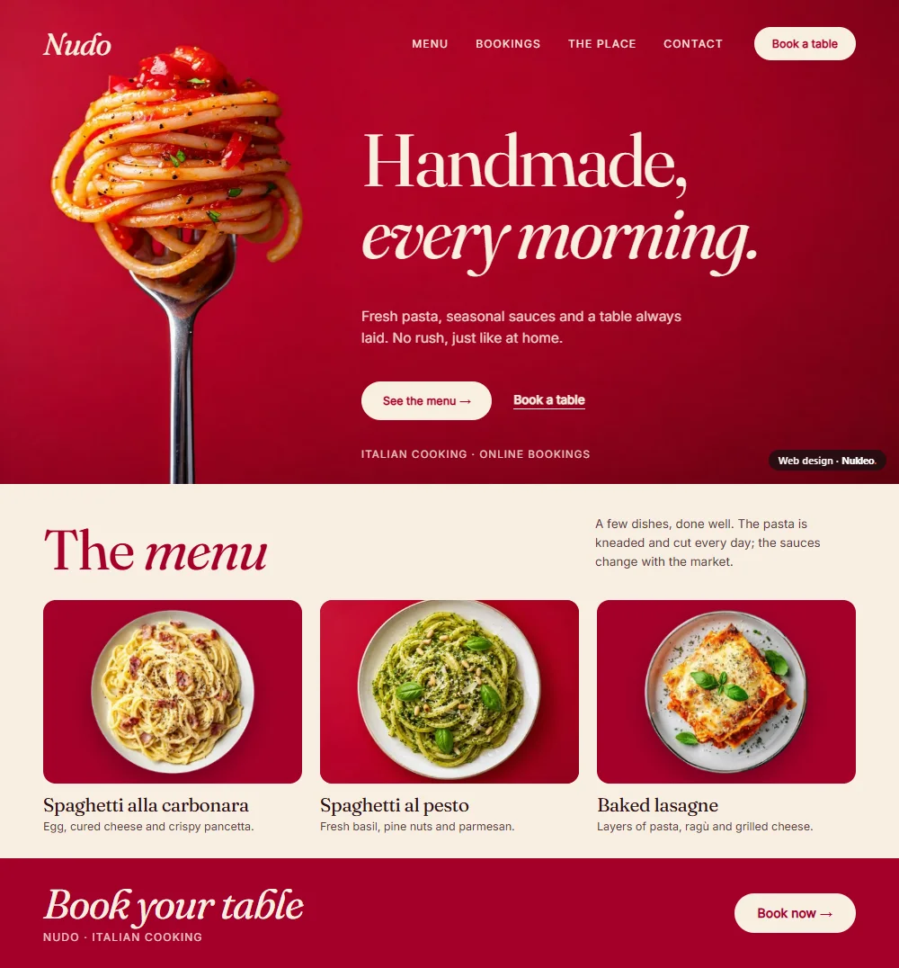 Nudo, fresh pasta restaurant: homepage “Handmade, every morning”