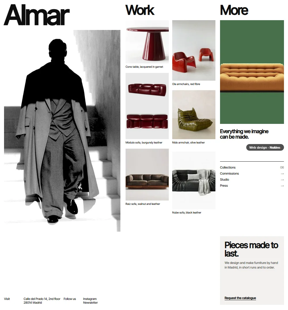 Almar, furniture studio: homepage with the brand, a black-and-white photo and its pieces