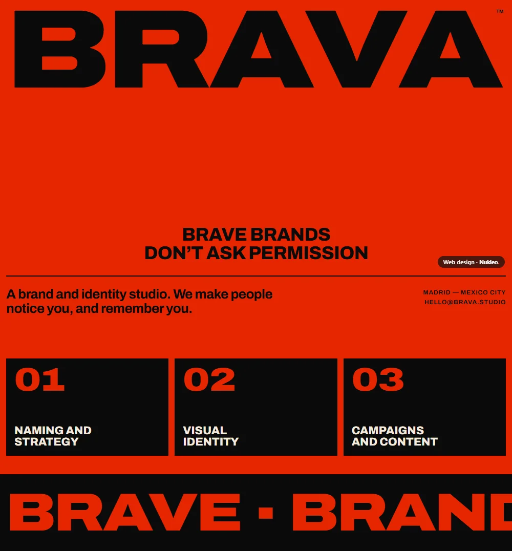 Brava, branding studio: red homepage with the brand in huge black letters
