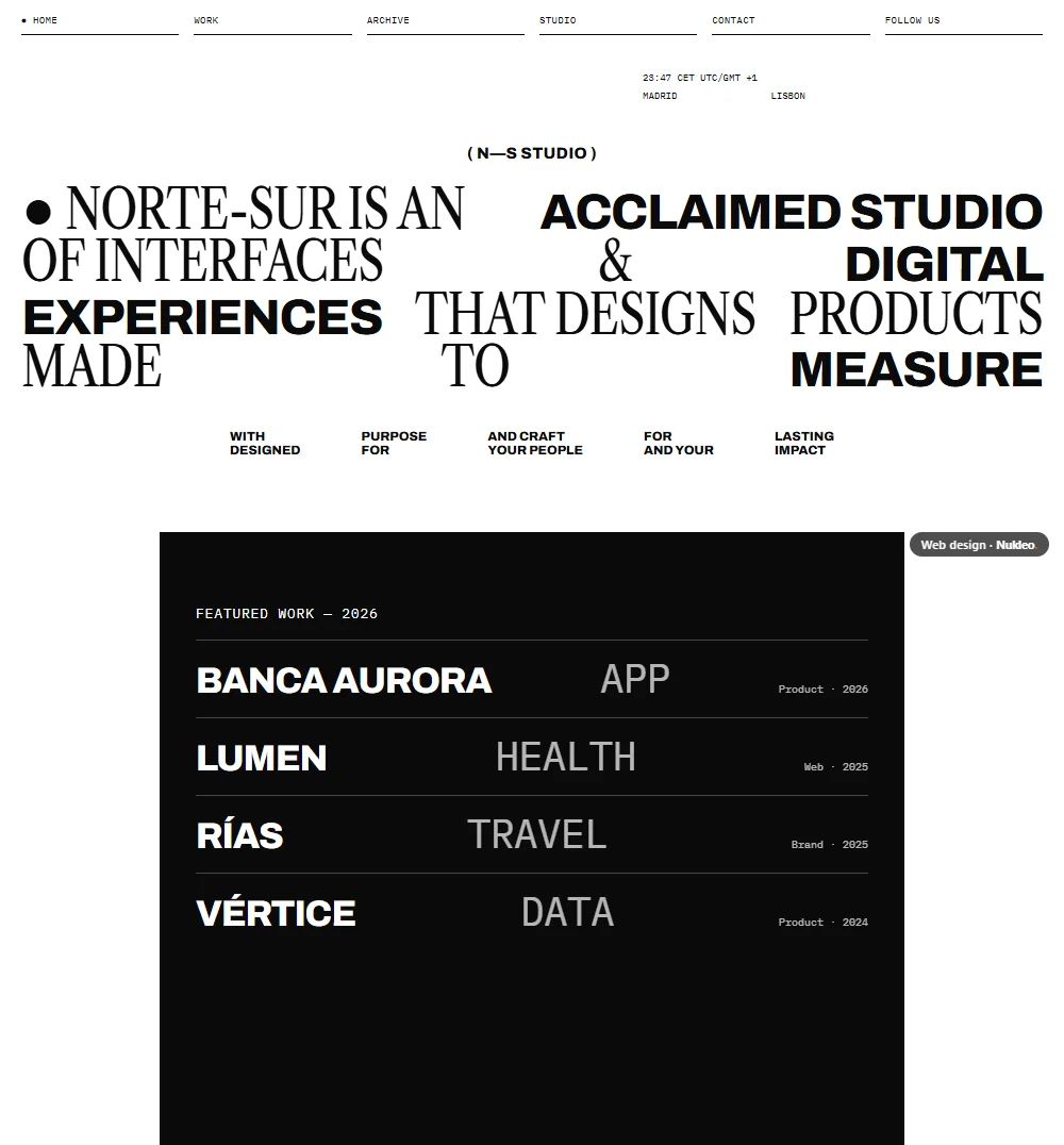 Norte-Sur, digital product studio: typographic headline in a narrow serif and a black grotesque