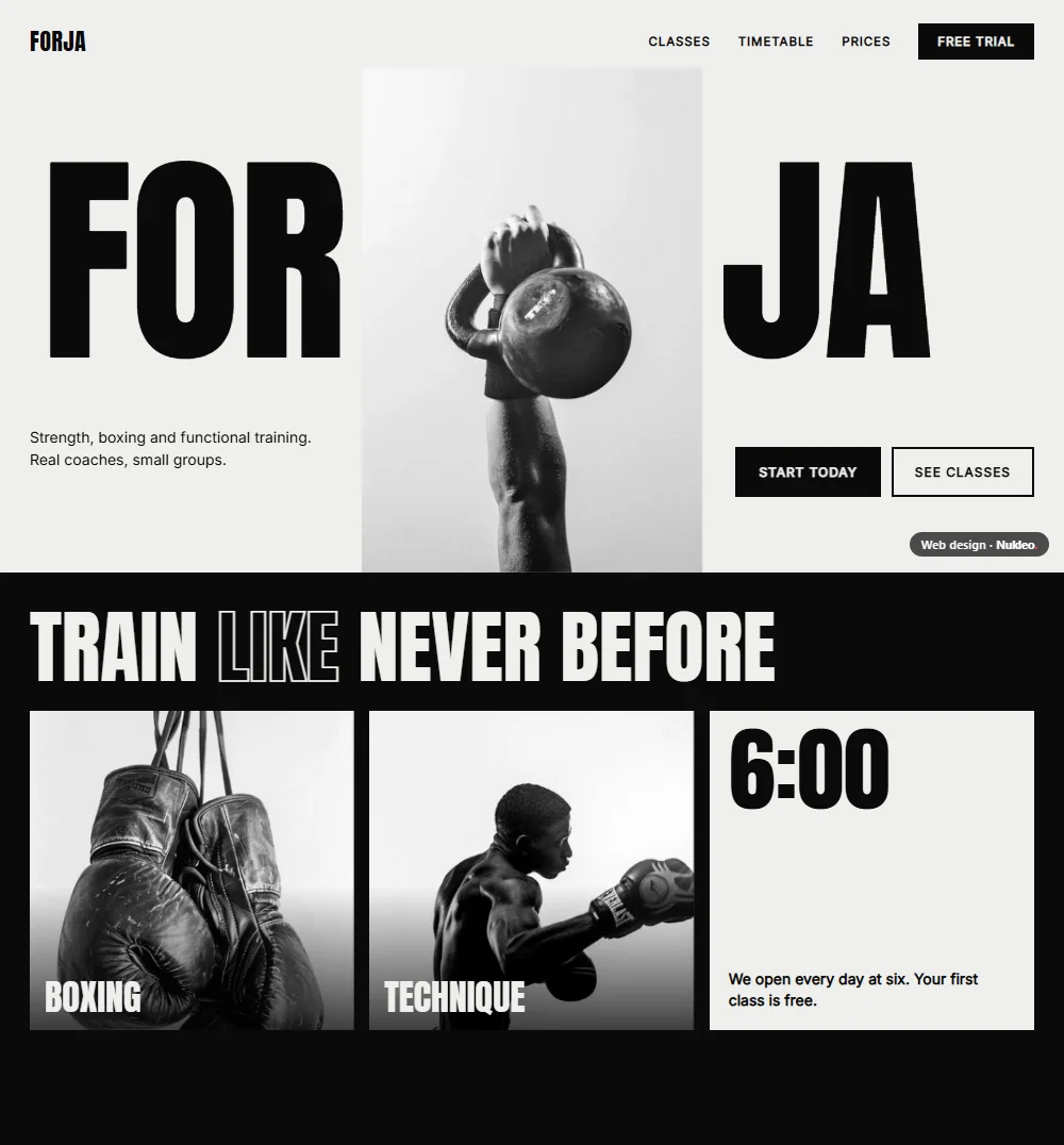 Forja, gym: the brand split on either side of a kettlebell photo