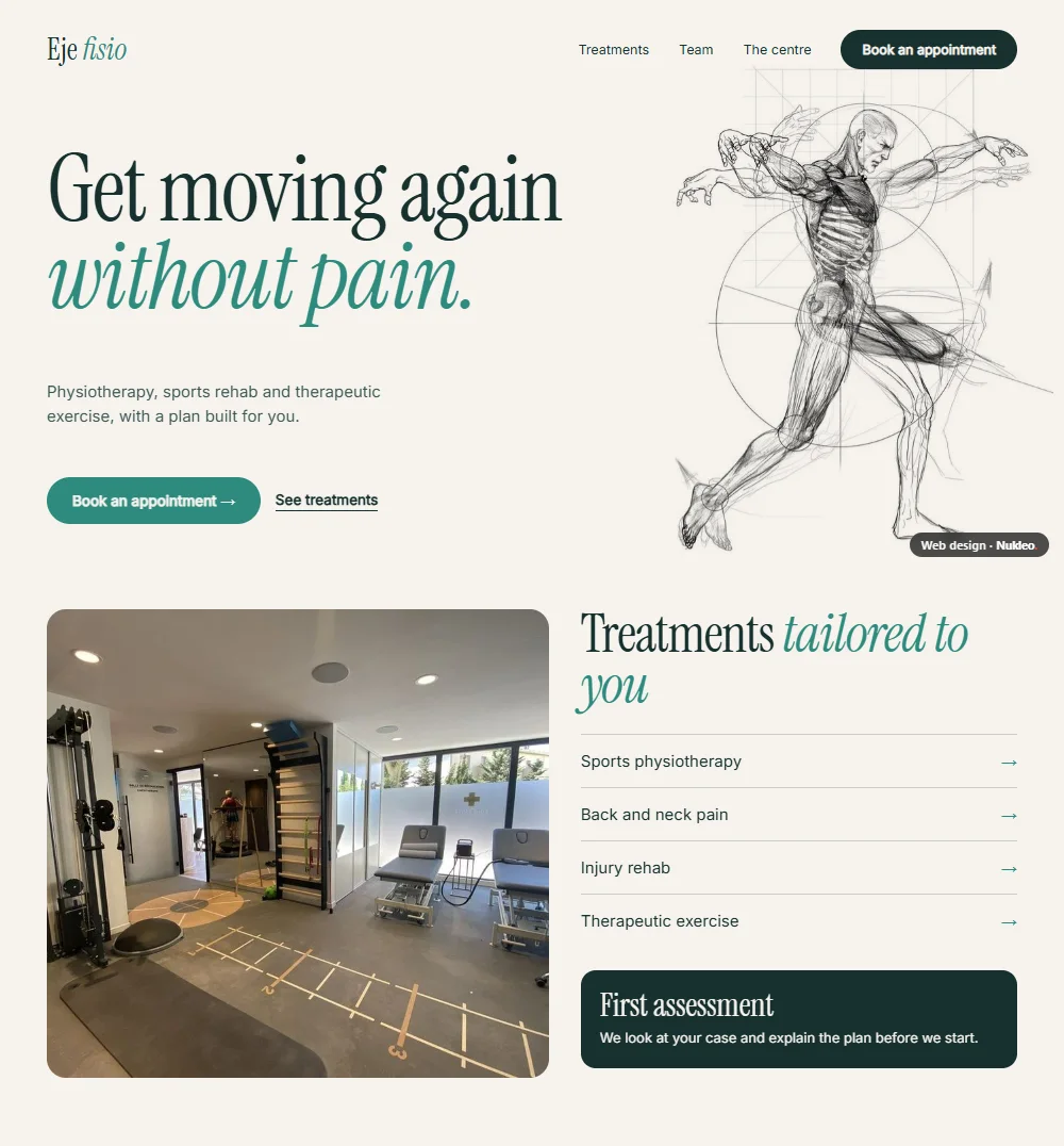 Eje fisio, physiotherapy centre: “Get moving again without pain” and an anatomical drawing