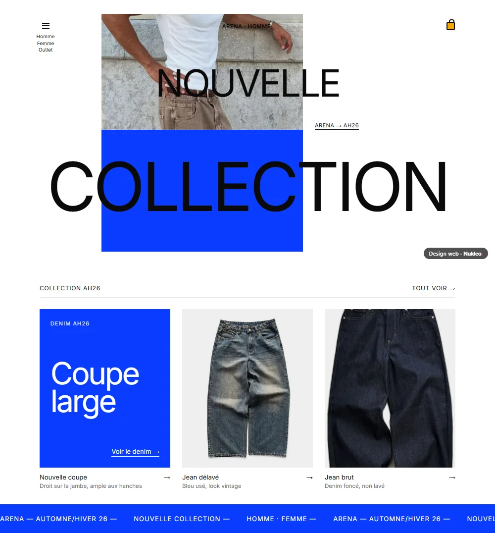 Arena, boutique de mode : page d’accueil « Nouvelle collection »