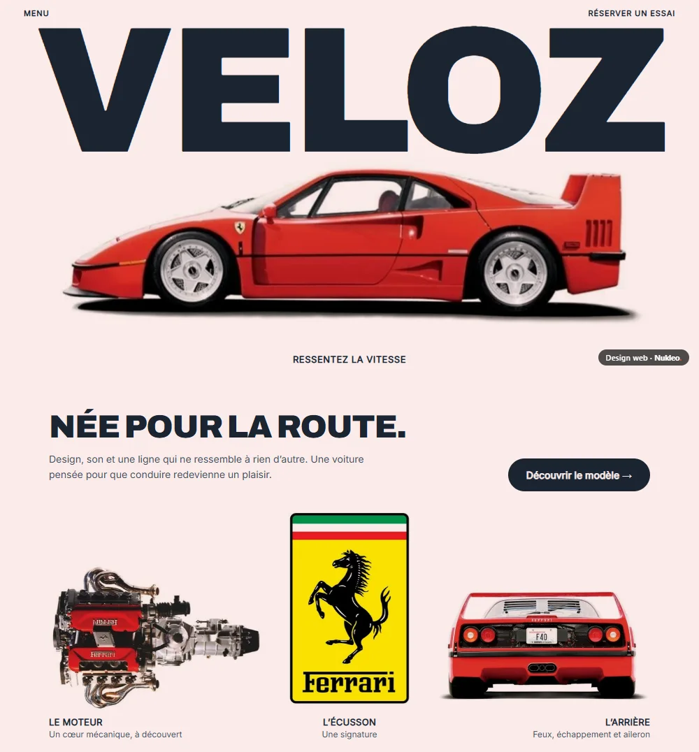 Veloz, marque automobile : page d’accueil avec une sportive rouge