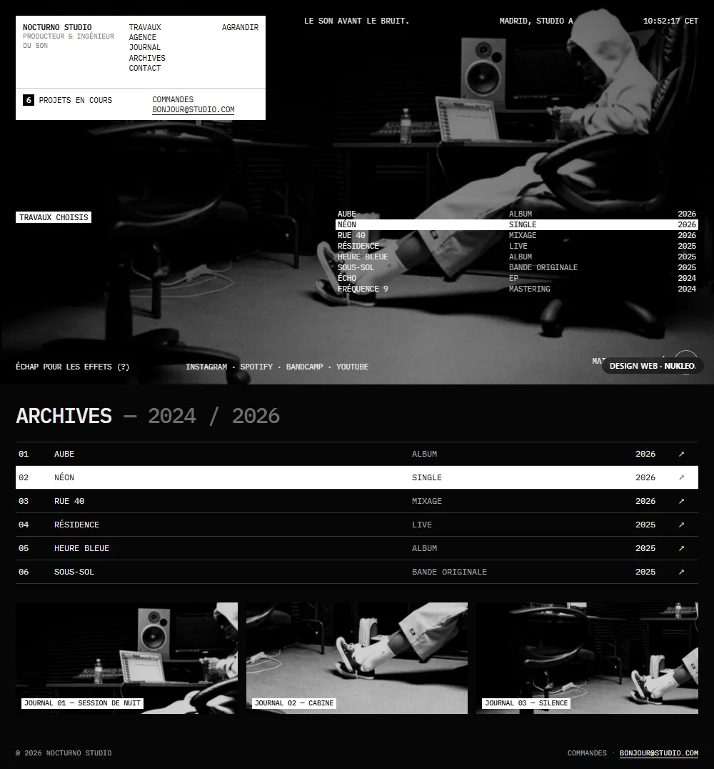 Nocturno Studio, portfolio d’un producteur de musique : page d’accueil en noir et blanc