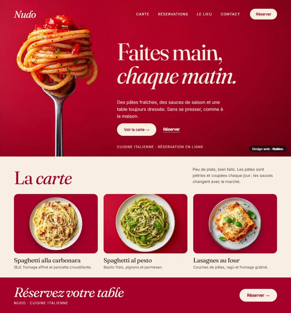Nudo, restaurant de pâtes fraîches : page d’accueil « Faites à la main, chaque matin »