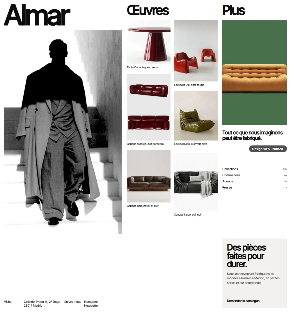 Almar, studio de mobilier : page d’accueil avec la marque, une photo en noir et blanc et ses créations