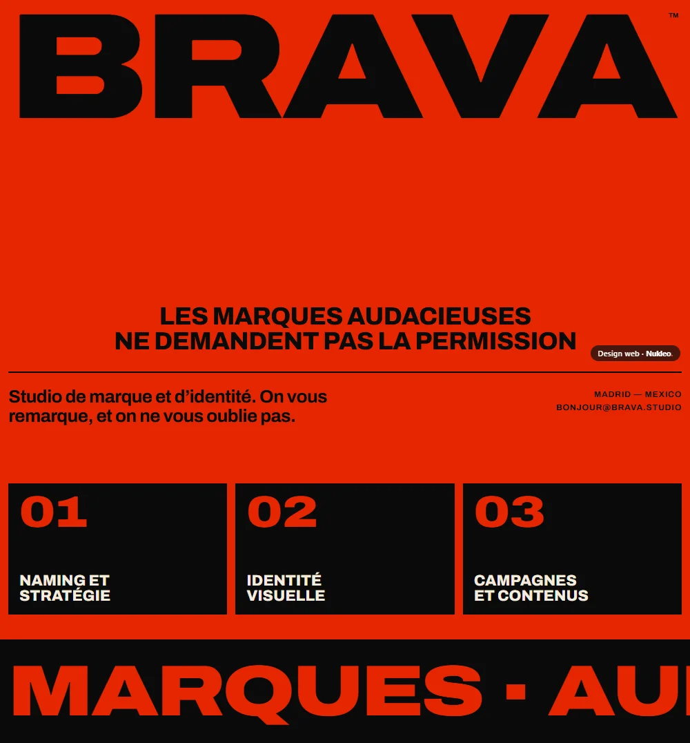 Brava, studio de branding : page d’accueil rouge avec la marque en énormes lettres noires
