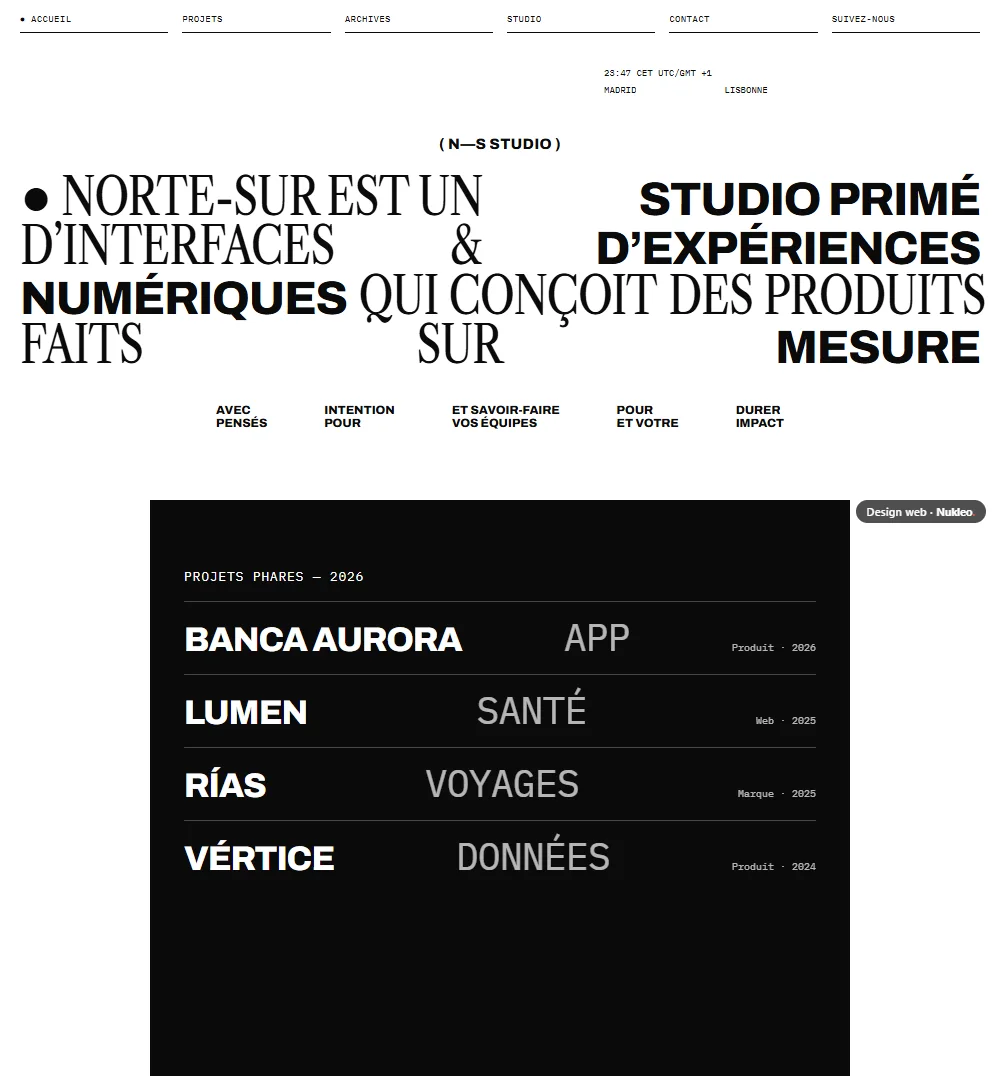 Norte-Sur, studio de produit numérique : titre typographique en serif étroite et en grotesque noire
