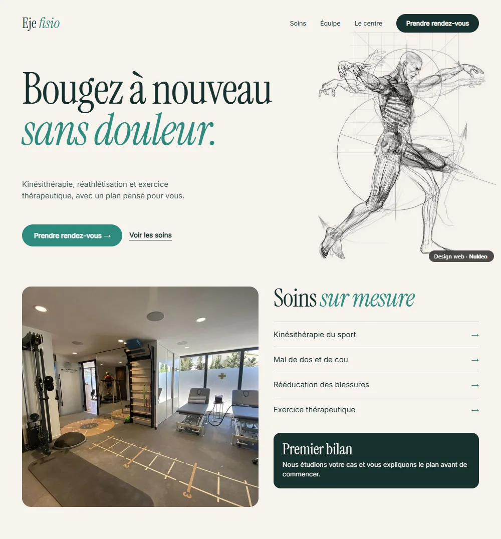 Eje fisio, centre de kinésithérapie : « Bougez à nouveau sans douleur » et un dessin anatomique